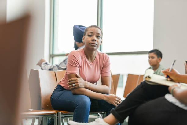 istock Low angle view serious woman in waiting room 1742810615