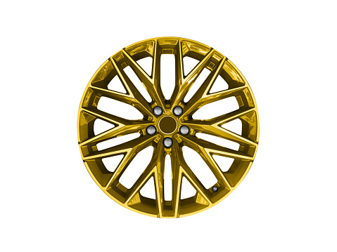 Gold car alloy wheel isolated on white background. New alloy wheel for a car on a white background. Alloy rim isolated. Car wheel disc..