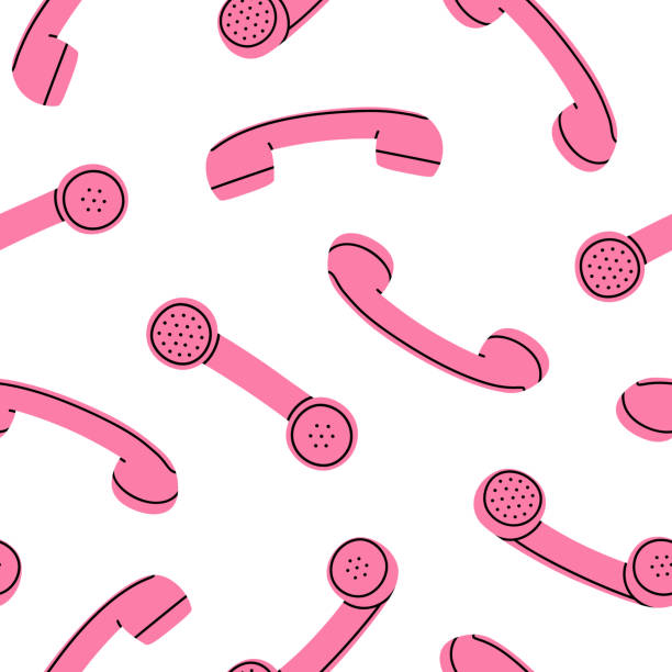 Seamless pattern with pink retro phone handset Hand drawn cute cartoon seamless pattern with pink retro phone handset. Flat vector old telephone with dial print in colored doodle style. Call device receiver background, wrapping or wallpaper. rotary dial telephone cartoons stock illustrations
