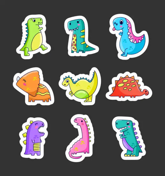 Vector illustration of Funny cartoon dinosaurs. Cute Dino character. Sticker Bookmark. Hand drawn style. Vector drawing. Collection of design elements.