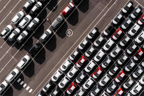 istock Aerial view directly above new cars ready for export 1742829481