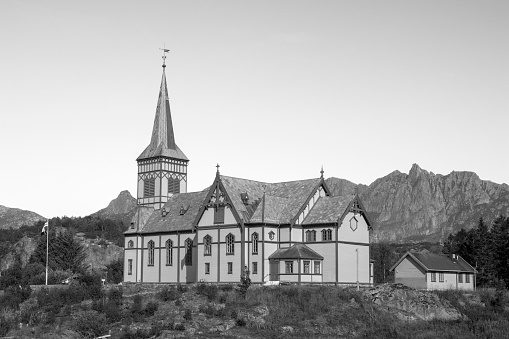 Black and white image of the church of Vagan, also know as the Cathedral of Lofoten, Vaganveien, Kabelvag, Lofoten Islands, Norway