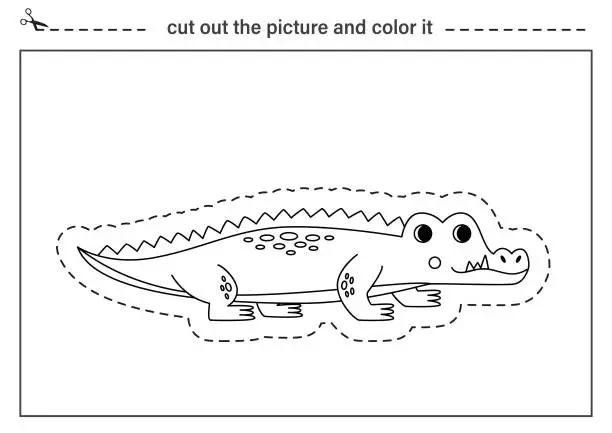 Vector illustration of Cutting practice for kids. Black and white worksheet. Cut out cartoon crocodile.