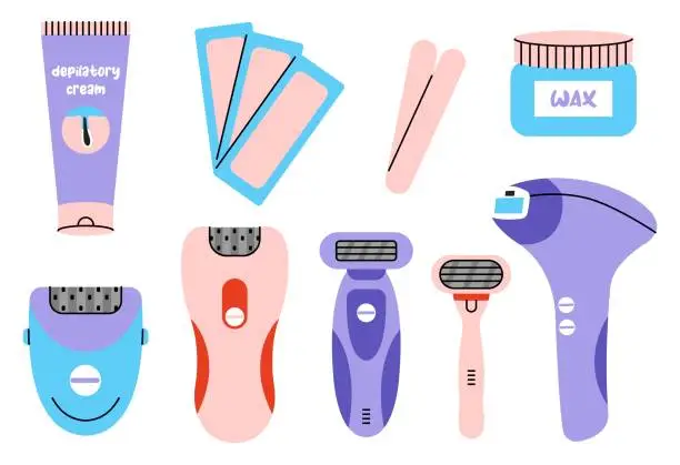 Vector illustration of Set of depilation equipment for hair removal. Tool devices for various epilation method. Wax, razor, depilator, hair removal cream, electric shaver isolated on white background.