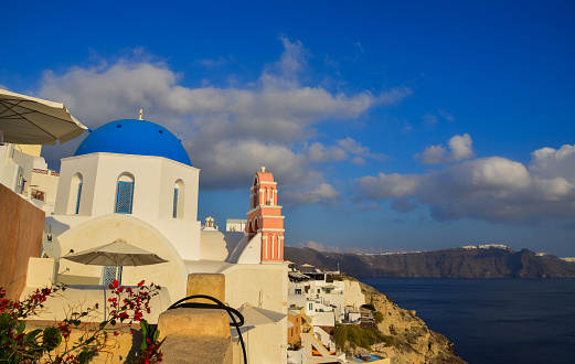 Beautiful blue church in Santorini, Greece. Santorini is one of the most popular islands in the world for destination weddings and honeymoons.
