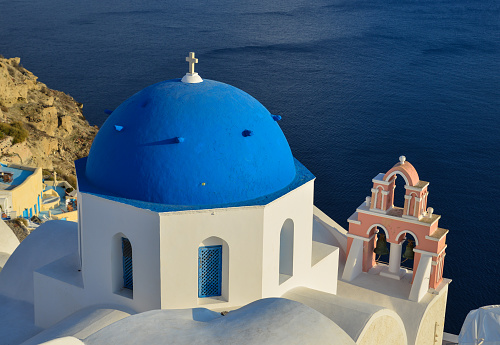 Blue church in Santorini Island, Greece. Santorini is one of the most popular islands in the world for destination weddings and honeymoons.