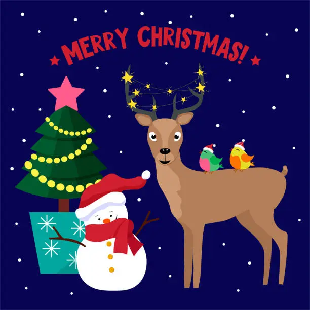 Vector illustration of Snowman, deer and cute birds. Decorative Christmas tree in a pot. Christmas card template.