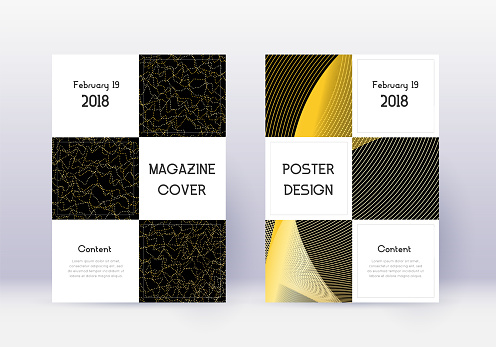 Business cover design template set. Gold abstract lines on black background. Attractive cover design. Posh catalog, poster, book template etc.
