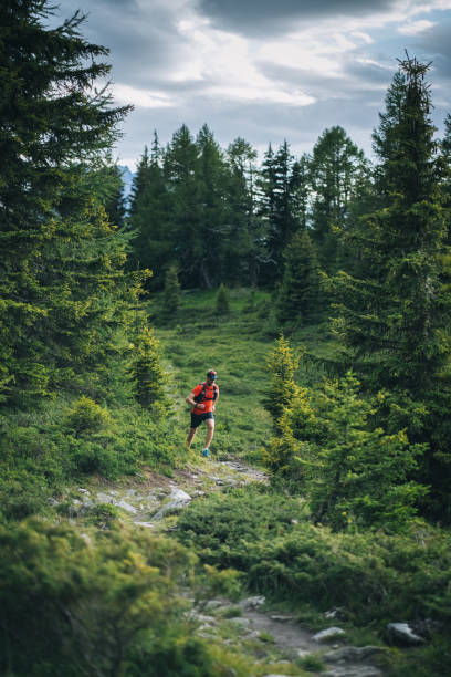 istock Trail runner bounds along mountain trail 1742855415