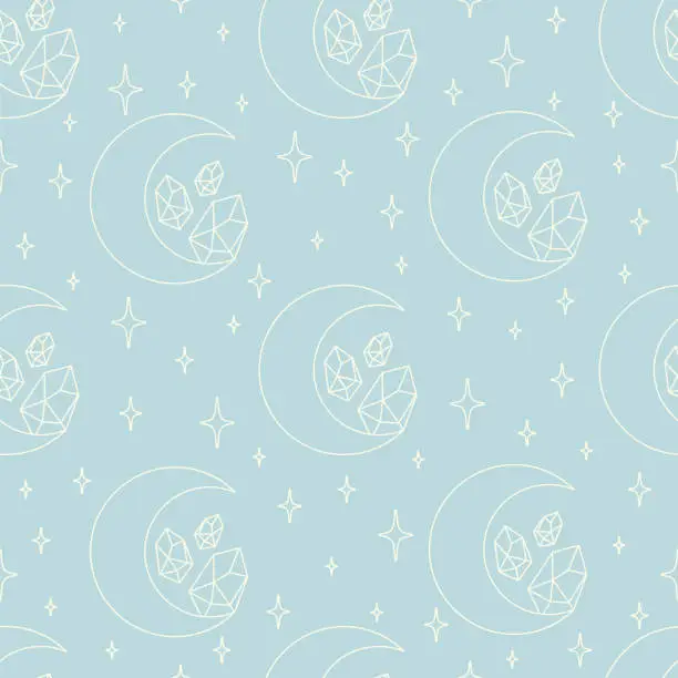 Vector illustration of Seamless pattern with healing crystal and moon blue print. Aesthetic esoteric and crescent artwork