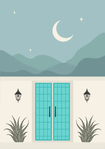 Vector illustration of Abstract aesthetic poster with blue door and mountains illustration. Minimalist vector residence art.