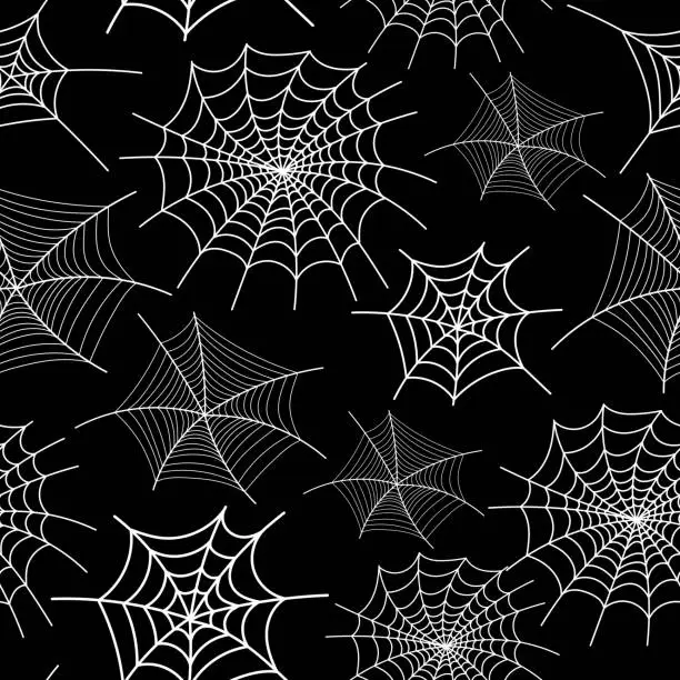 Vector illustration of Cobweb pattern. Halloween seamless print of spider web, monochrome gothic horror net trap for wrapping paper