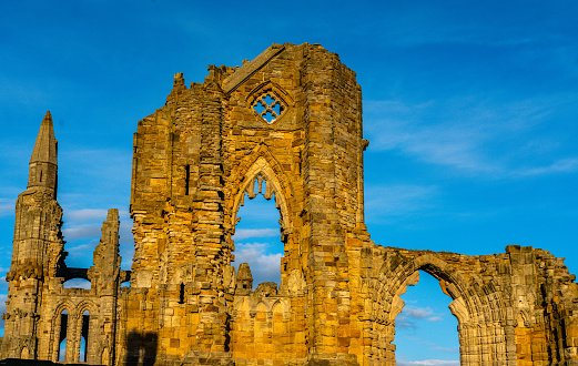 UNITED KINGDOM - May 10,2023 : Ruins of the abbey founded by St Hilda in 657, Whitby, North Yorkshire, United Kingdom.
