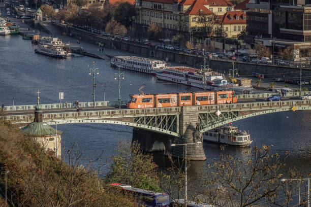 Prague, Czech - Oct 26, 2018. Bridges of Prague over Vltava River on sunny day. Scenic view from Letna Hill in Prague, Czech Republic.