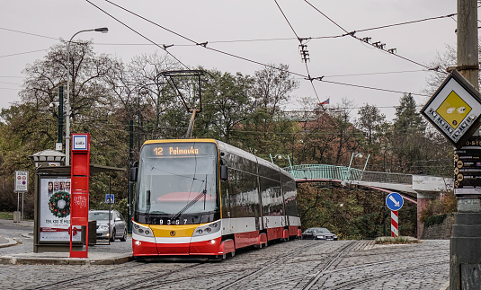 Prague, Czechia - Oct 26, 2018. Retro tram at old town of Prague, Czechia. The Prague tram network is the third largest in the world.