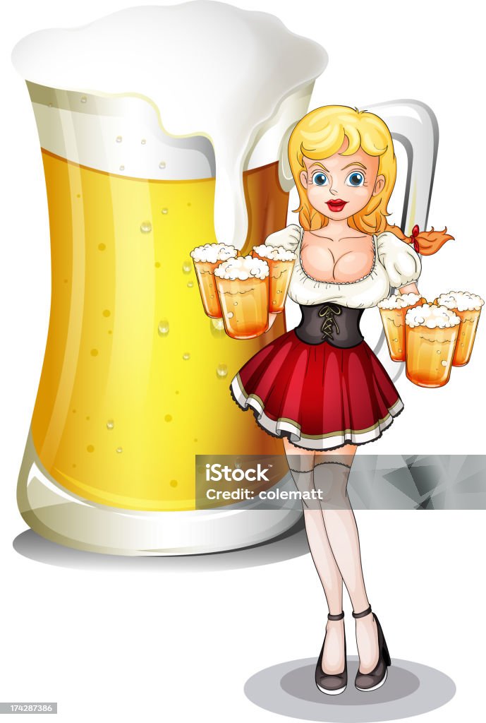 Empregada de Mesa com seis Caneca de frio cervejas - Royalty-free Abuso de Álcool arte vetorial