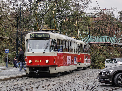 Prague, Czechia - Oct 26, 2018. Retro tram at old town of Prague, Czechia. The Prague tram network is the third largest in the world.