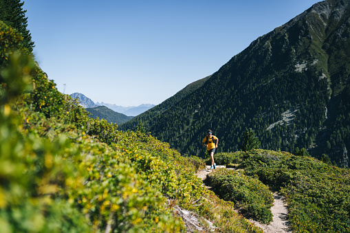 Trail runner bounds along mountain trail