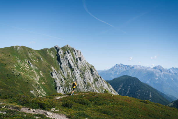 istock Trail runner bounds along mountain trail 1742882906