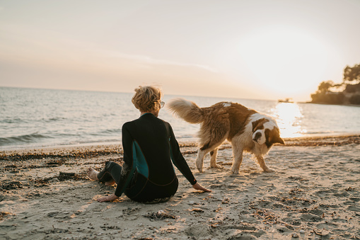 Mature woman in wetsuit with her pet dog on the beach by the sea in sunset.