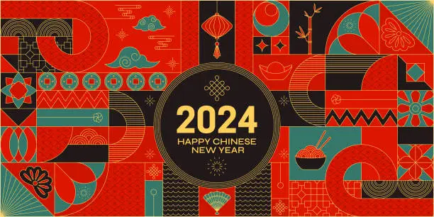 Vector illustration of Red turquoise black 2024 Chinese Dragon Lunar New Year card.