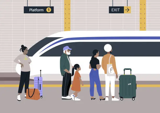 Vector illustration of At a bustling railway station, there is a diverse group of passengers gathered on a platform, representing the essence of travel and the anticipation of upcoming journeys