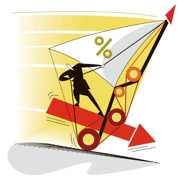 Vector illustration of Businessman surfing with a sailboat made up of percentage signs