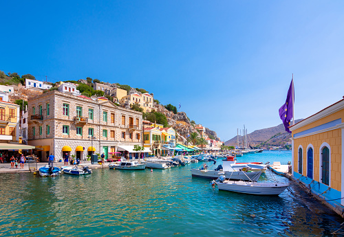 Colorful houses village in Symi island, Dodecanese islands, Greece.