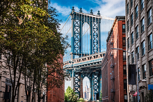 Dumbo is a vibrant Brooklyn neighborhood known for its artistic scene, offering spectacular views of the iconic Steel Manhattan Bridge.