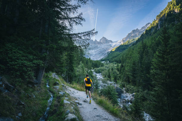 Trail runner bounds along mountain trail