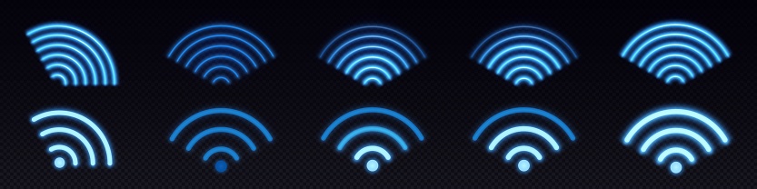 Neon icons of wifi signal. Circle symbol of sound wave, wireless internet or radio. Abstract sign of digital sonic technology, vector set isolated on transparent background