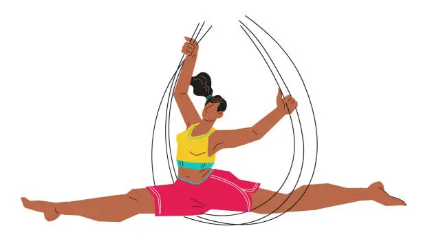 Vector illustration of Aerial or flying yoga in canvas hammocks, training and fitness practices, vector.