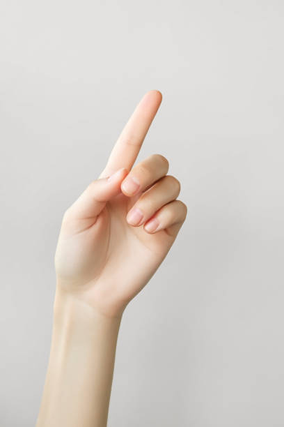 istock female hand points finger at invisible object or text isolated on gray background 1742933875