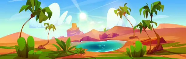 Vector illustration of Cartoon desert oasis with lake and palm trees