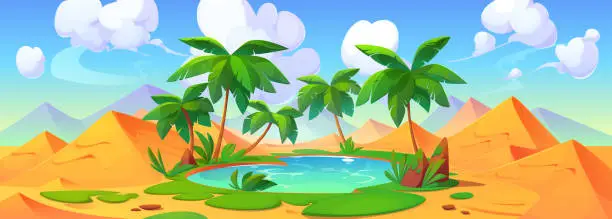 Vector illustration of Small lake and palm trees in sandy desert