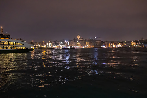 Night photo of Bosporus strait made from pier in Istanbul, Marmara region, Turkey