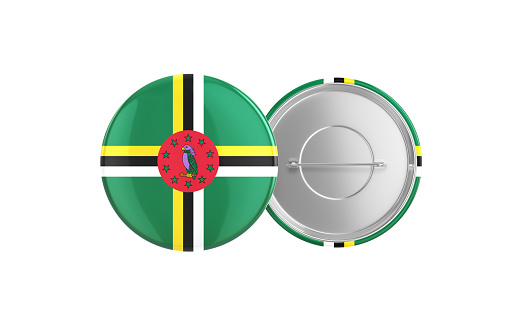 3d Render Dominica Flag Badge Pin Mocap, Front Back Clipping Path, It can be used for concepts such as Policy, Presentation, Election.