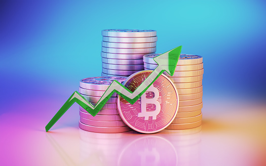 3d render Bitcoin Crypto Currency Green Arrow Growth on Pink Blue Orange Finance Softness Background (Close-Up)
