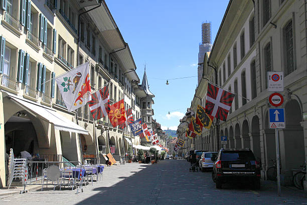 istock Old street with flags in Bern, Switzerland 174295543