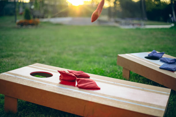 istock Homemade corn hole board game in backyard 1742962219