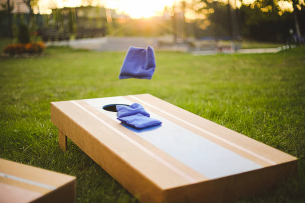 istock Homemade corn hole board game in backyard 1742963317