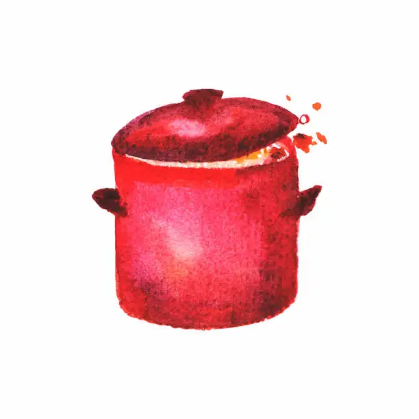 Vector illustration of Boiling pot, bright kitchen utensils painted in watercolor. Red enameled dishes while cooking soup.