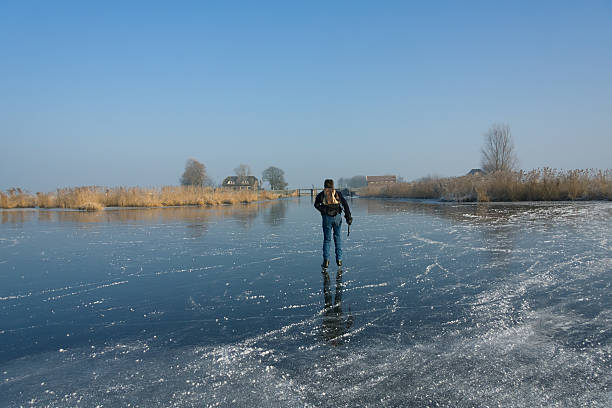 Skating man on a frozen lake in The Netherlands.