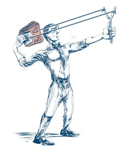 Vector illustration of Businessman throwing banknotes with slingshot