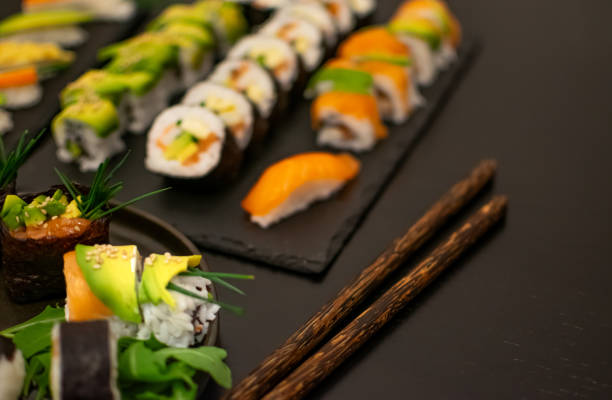 Luxurious and creative Sushi as Nigiri,Futomaki,Uramaki with Coconut chopsticks