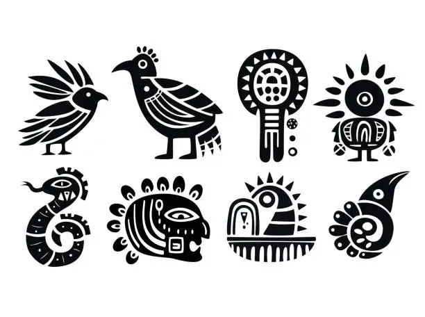Vector illustration of Set of ethnic ornament with animal, bird, human figures. Tribal art with african tribal motifs. Vector illustration EPS8
