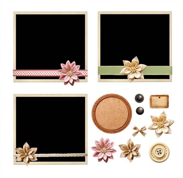 istock Romantic scrapbooking set with retro photo frame, felt flower, linen bow, button. Nostalgic scrapbooking collection with vintage photo and fabric flowers. Isolated on white background 1742984104