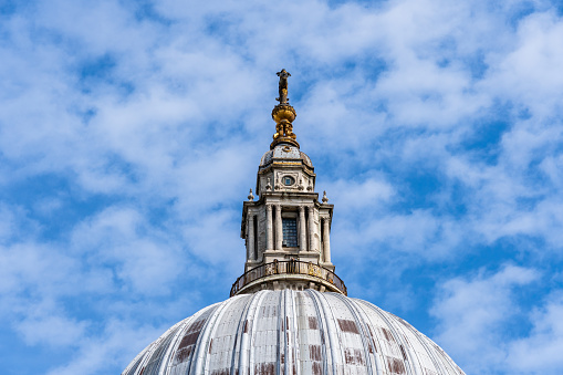 Low angle view of the Dome of St Paul Cathedral in London. Detail of lantern