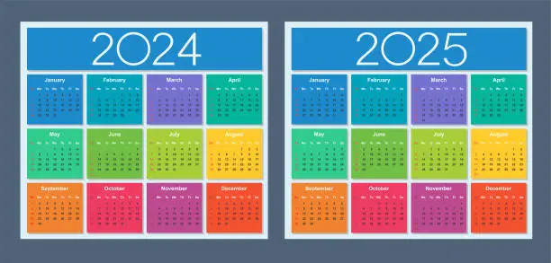 Vector illustration of Colorful calendar for 2024 and 2025 years. Week starts on Sunday.