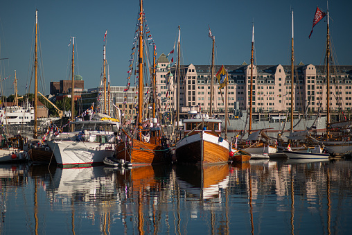 Oslo, Norway - July 20 2014: View over a gathering of vintage wooden boats in Oslo.